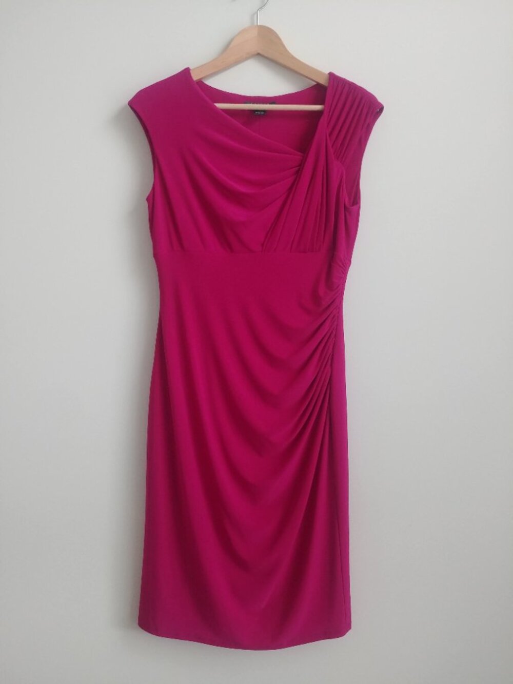 Ralph Lauren magenta pink stretch sheath dress asymmetrical ruched detail size 8